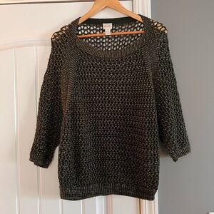 Chicos Women Sz XL Pull Over Glitter Green Crocheted Sweater 3/4 sleeve